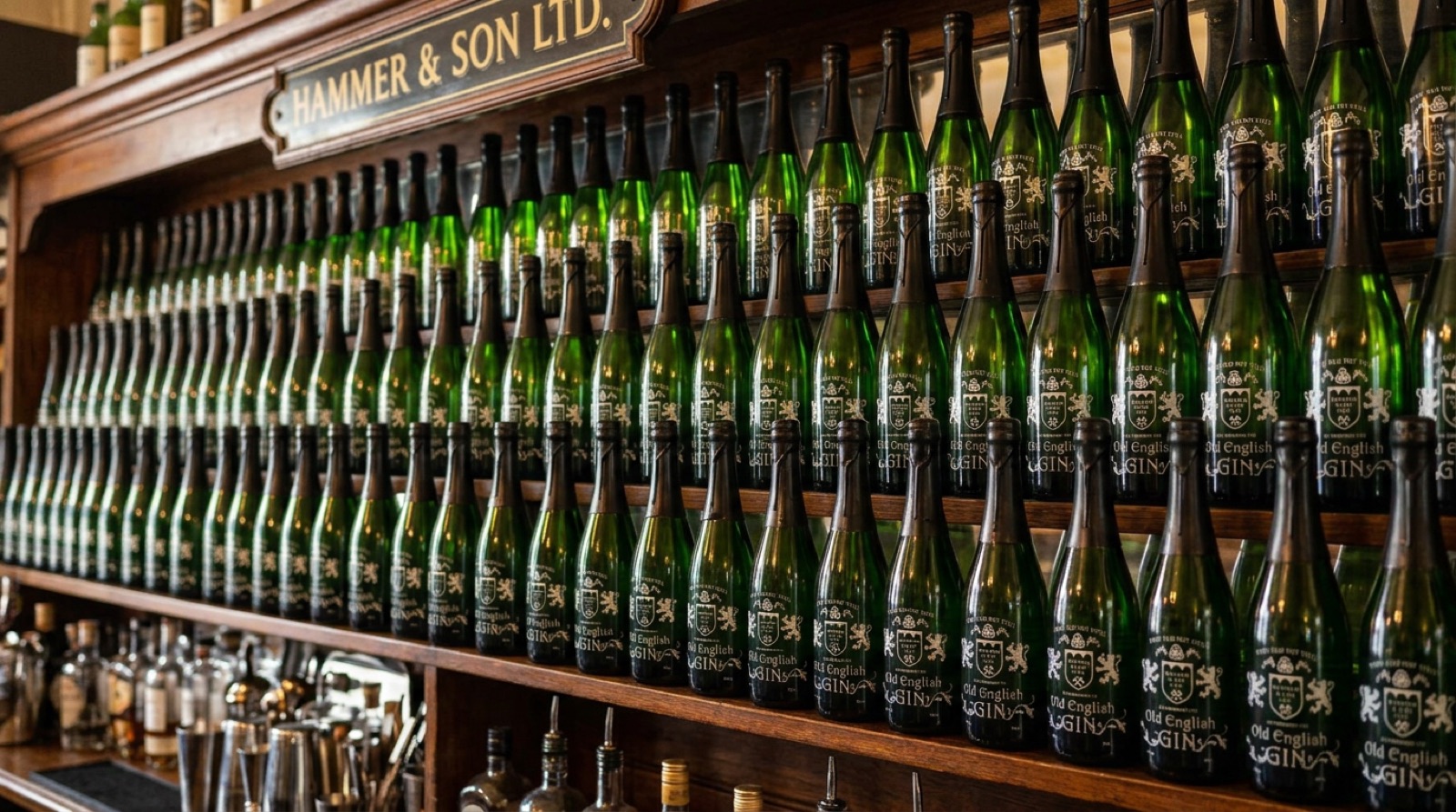 A wall of green Old English Gin bottles under the Hammer and Son sign.