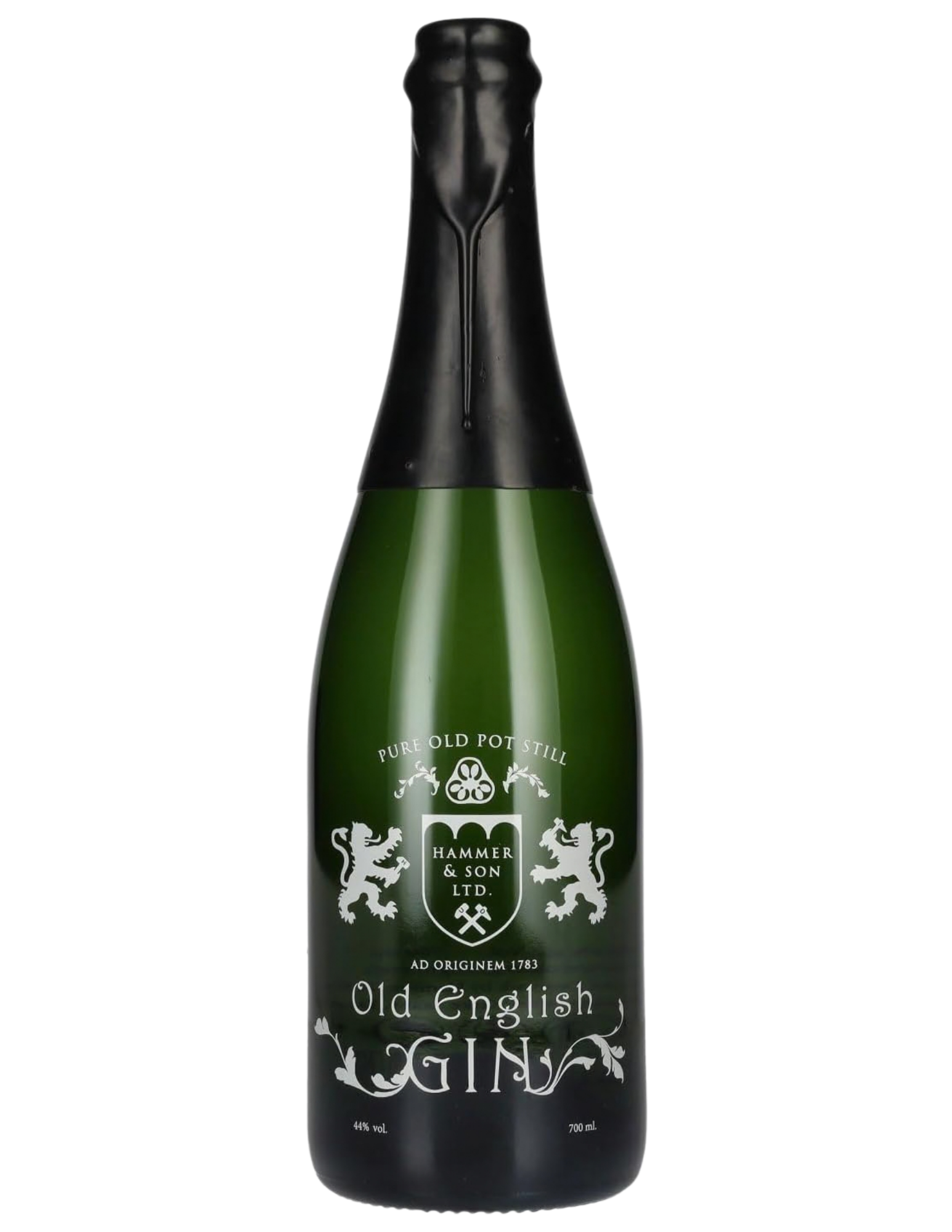 The cork of Old English Gin, printed with the name and Hammer and Son, seated in the neck of the bottle.