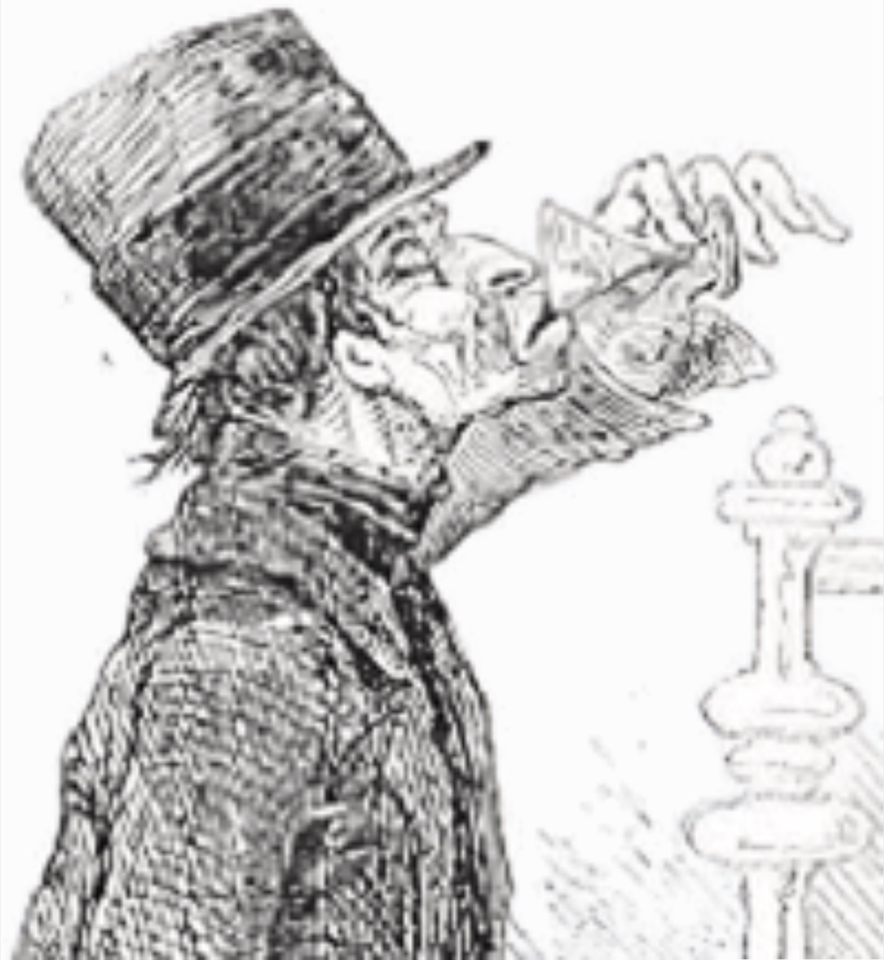 An ink drawing of a man in a tall hat, drinking from a glass.
