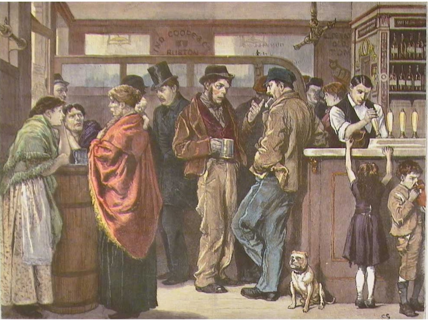 A nineteenth-century gin palace, with drinkers gathered at the bar.