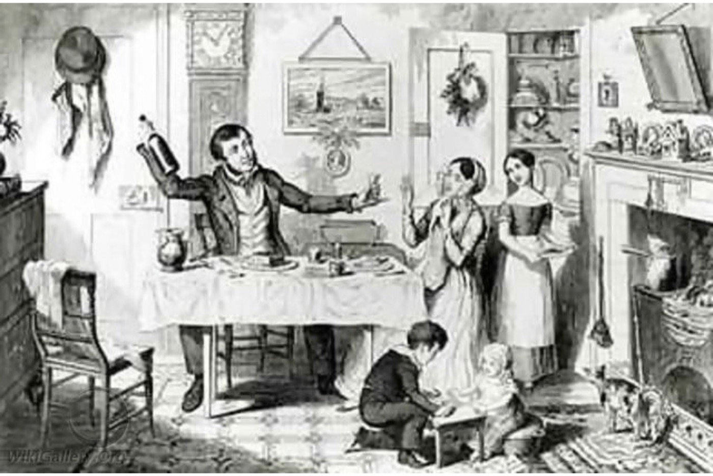 A nineteenth-century family at table, a man raising a bottle.
