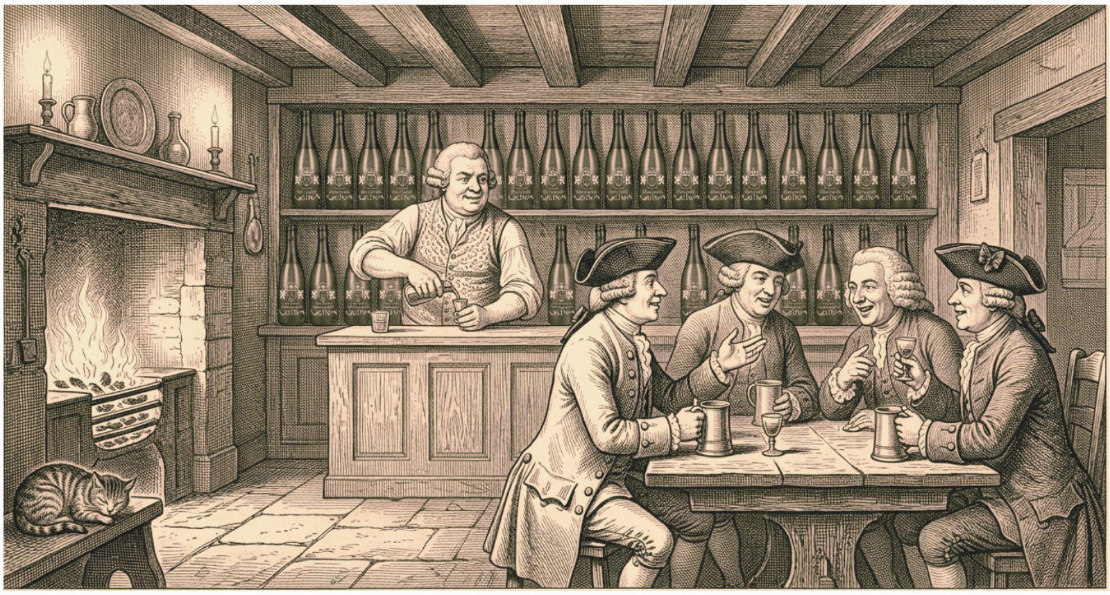 An eighteenth-century tavern: four men at a table, the landlord pouring, bottles ranged on the shelf.